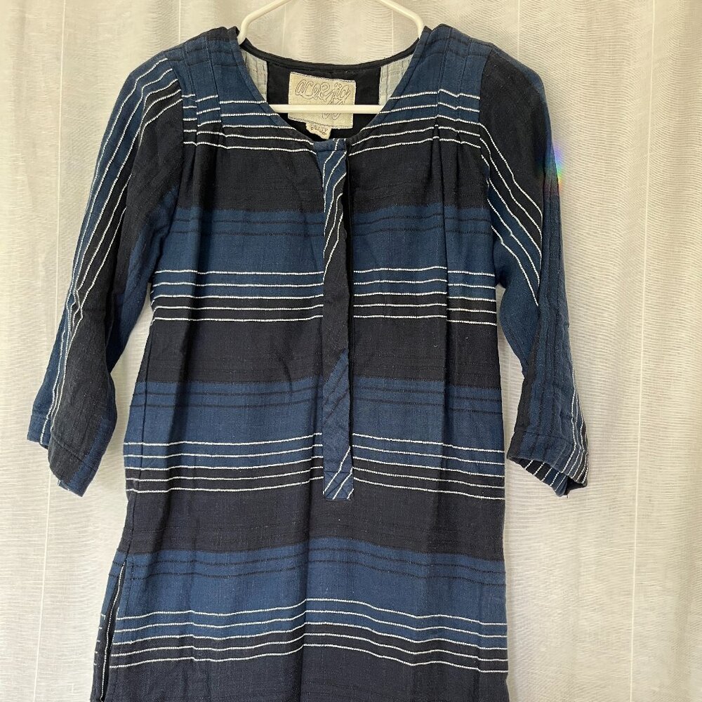 Ace & Jig dress navy and black striped 3/4 sleeve pleated back mid length sz XS